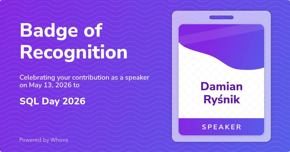 Badge of Recognition — Damian Ryśnik, prelegent SQL Day 2026
